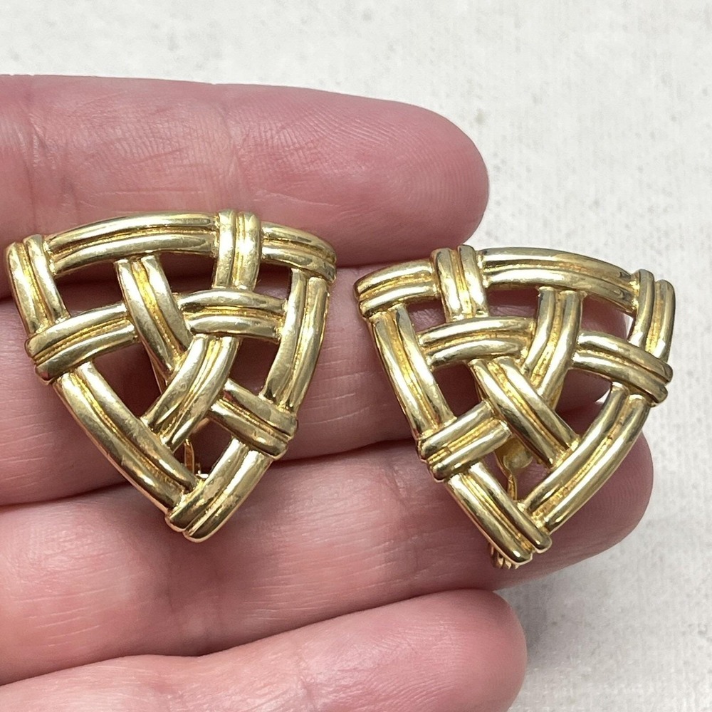 Vintage Monet Basket Woven Gold Tone Triangle Clip On Earrings HUGE 80s 90s